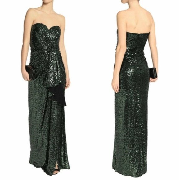 BADGLEY‎ MISCHKA Dress 8 Green Long Gown Sequin Draped Bridesmaid Evening Forest - Picture 1 of 10